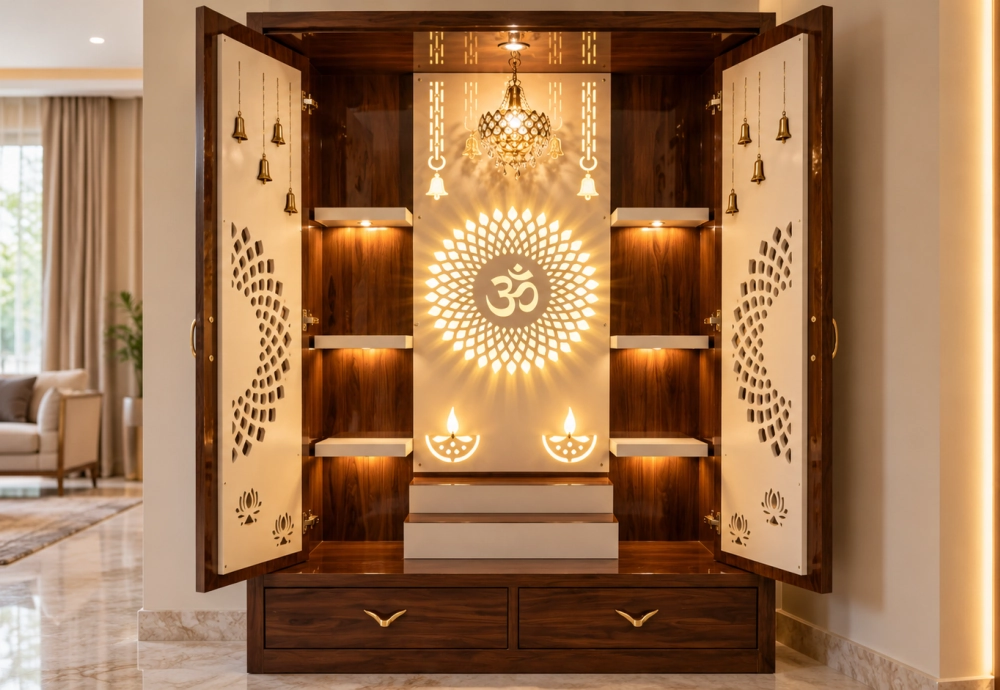 Pooja mandir with jaali and glass doors in a modern flat